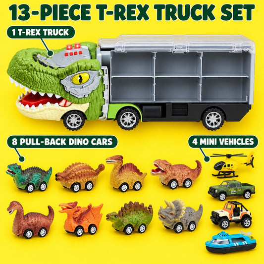 RoarHaul T-Rex Truck set: the truck, eight pull-back dinosaur cars and four mini vehicles
