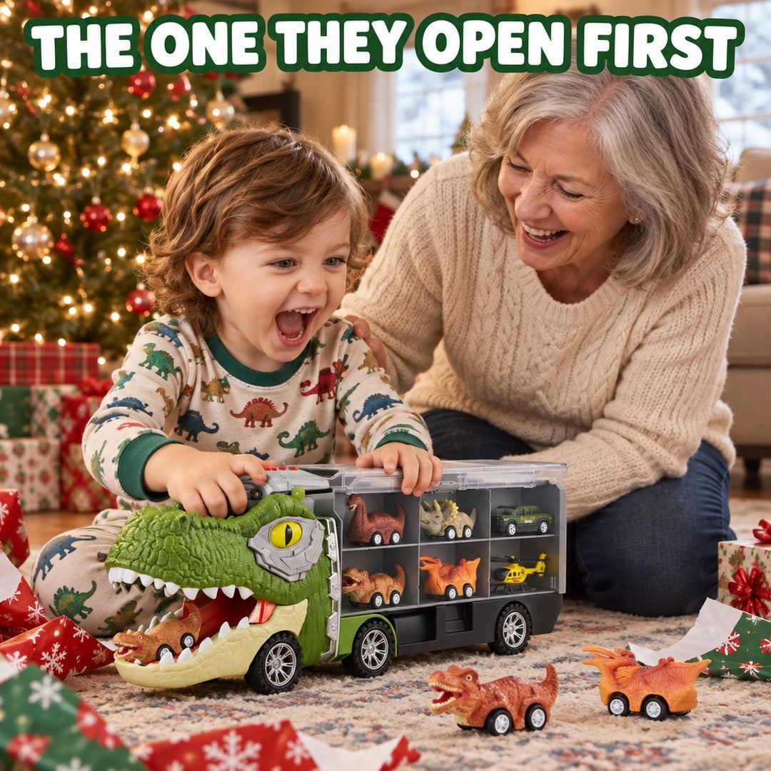 A three-year-old roaring back at his RoarHaul T-Rex Truck on Christmas morning