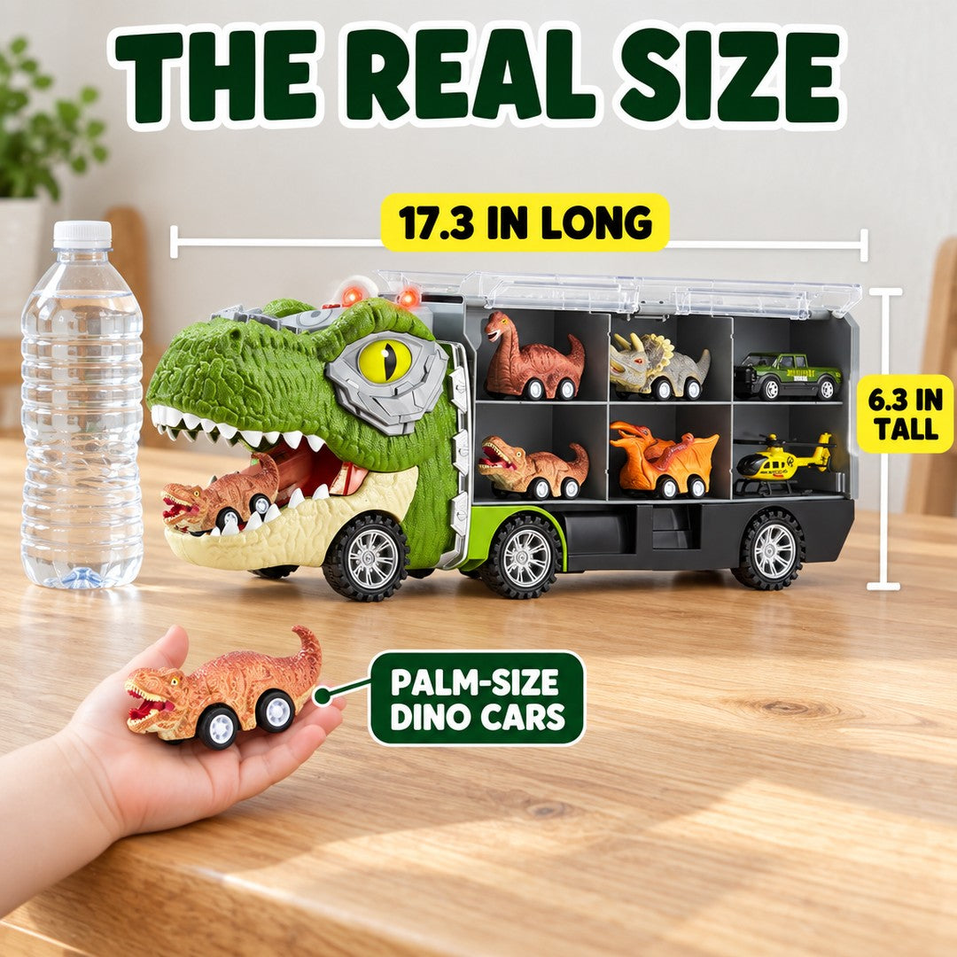 The RoarHaul T-Rex Truck at its real size, 17.3 inches long, beside a water bottle
