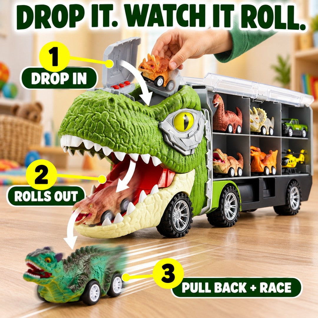 Dropping a dinosaur car in the head, rolling it out of the mouth and racing it