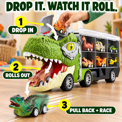 Dropping a dinosaur car in the head, rolling it out of the mouth and racing it