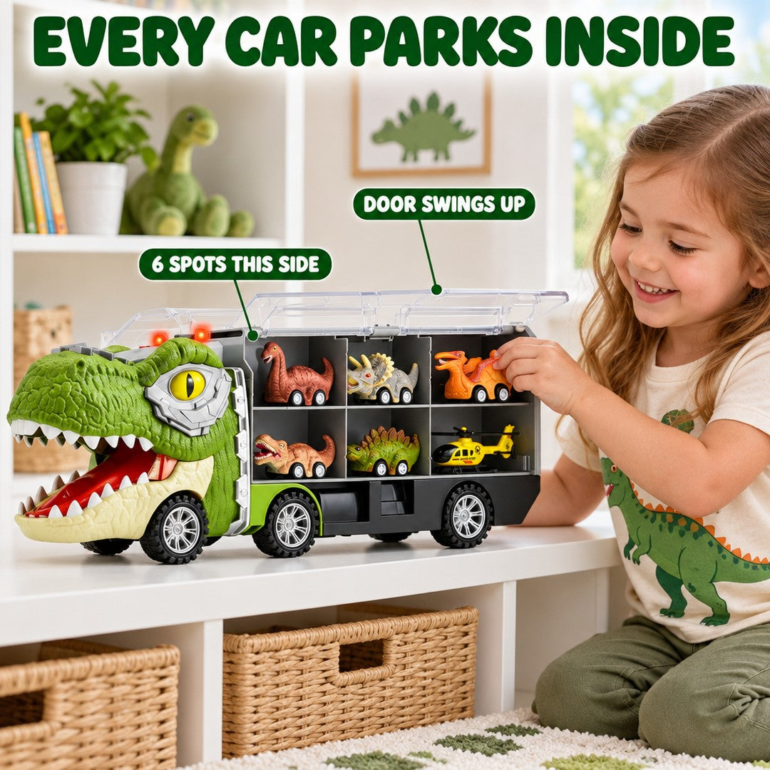 Every little vehicle parked inside the truck behind its swing-up door