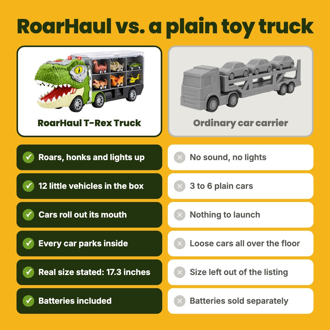 RoarHaul compared with a plain toy car carrier